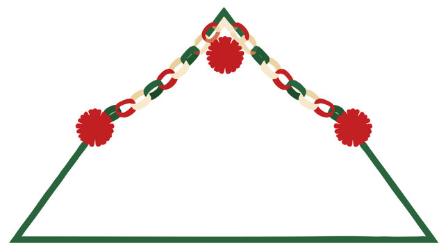 Hand-drawn festive Christmas garland of red green paper chains and pom-poms draped in scallops over thin green triangle frame doodle holiday border on white background playful vector illustration
