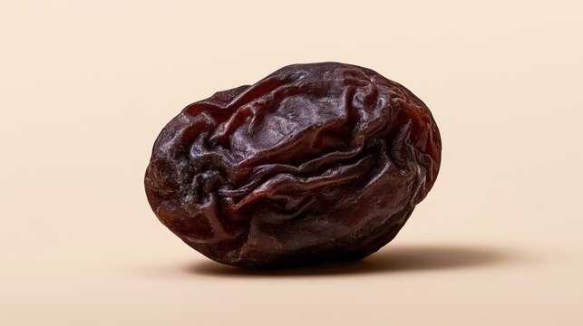 Dried date fruit, wrinkled texture, rich color, isolated against a neutral beige background, food ingredient concept