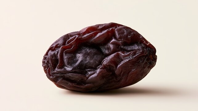 A single dried date fruit rests softly against a neutral background, showcasing its rich, deep tones and subtle textures