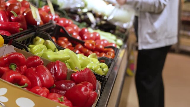 Fresh red and green peppers on display while a customer shops for vegetables at a market. Grocery store produce, healthy food, fresh ingredients, retail shopping and local market concept.