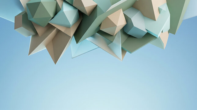 Abstract cluster of geometric polyhedral shapes in shades of blue, sage green, and beige, floating against a soft light blue gradient background