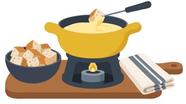 Cozy flat vector illustration of mustard yellow Swiss cheese fondue pot with melted cheese dip and bread cube on fork over burner with bowl of croutons and striped tea towel on wooden board