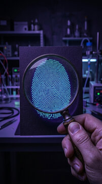 Forensic Investigation Magnifying Glass Examines Glowing Blue Fingerprint on Dark Background in Lab
