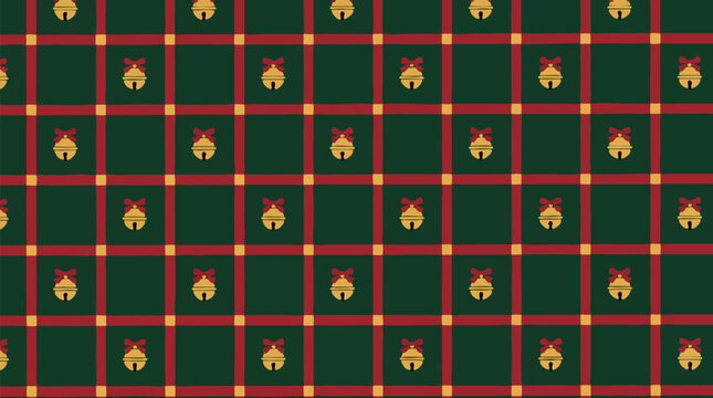 Seamless Christmas tattersall plaid check in ruby red and gold lines over deep emerald green background with tiny golden jingle bells with red bows for festive holiday wrapping paper design