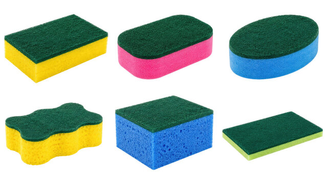 Various colorful double-sided kitchen dish sponges with green scouring pads and assorted foam shapes for scrubbing and cleaning