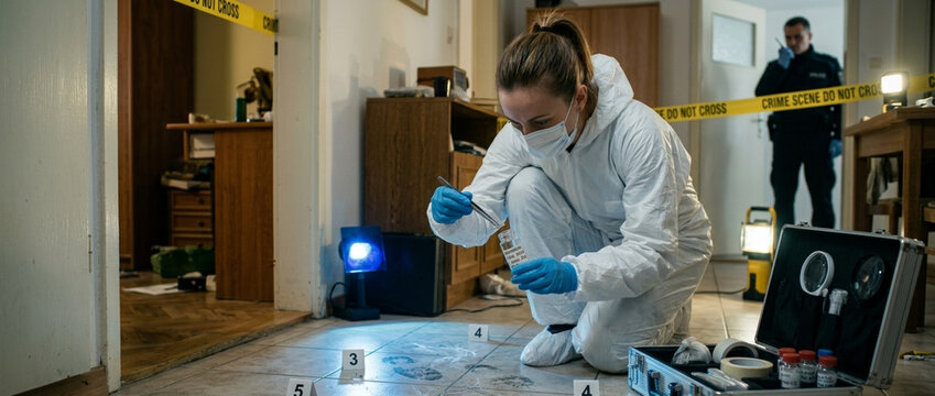 Forensic investigator collects evidence at crime scene with numbered markers and caution tape detective observes