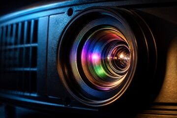 Fototapeta premium Projector lens reflecting multicolor light during presentation in dark room