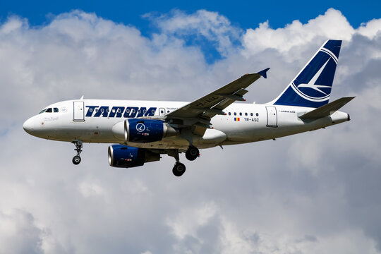 TAROM Airbus A318 (YR-ASC) arriving at London Heathrow Airport on April 26, 2016 in London, United Kingdom