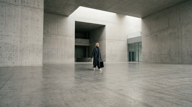A person is walking alone in a large concrete area. Sunlight is coming in from a square opening above. The space feels empty and modern. The scene is quiet and focused on the figure.