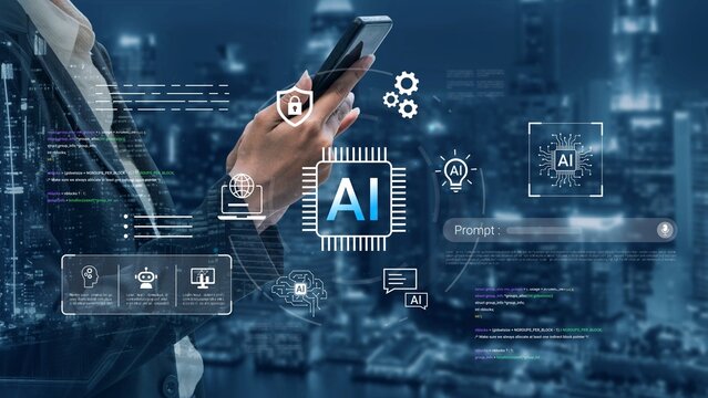 Innovative Concepts of Artificial Intelligence and Technology with Hands Holding Smartphone in Futuristic Cityscape Background Gluon.