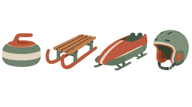 Winter sports equipment set featuring curling stone, wooden sled, bobsled and green ski helmet arranged in a row, flat minimalist vector illustration isolated on white background for winter olympic