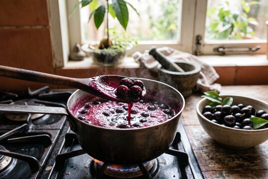 Jabuticaba Fruit Being Cooked in a Pot on a Stove, with Fresh Fruit and a Wooden Spoon, Creating a Delicious Salsa, Focused on Natural and