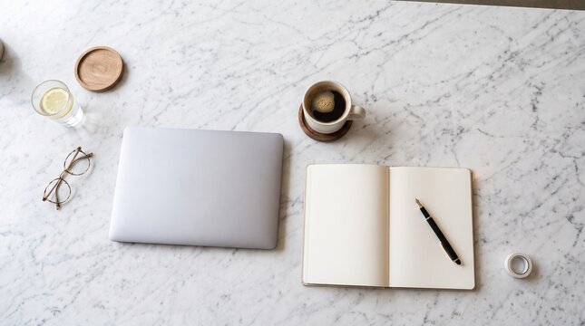 Minimalist Workspace Overhead: A neat overhead view of a modern workspace featuring a closed laptop, open notebook with a pen, glasses, a glass of water, and a cup of coffee.