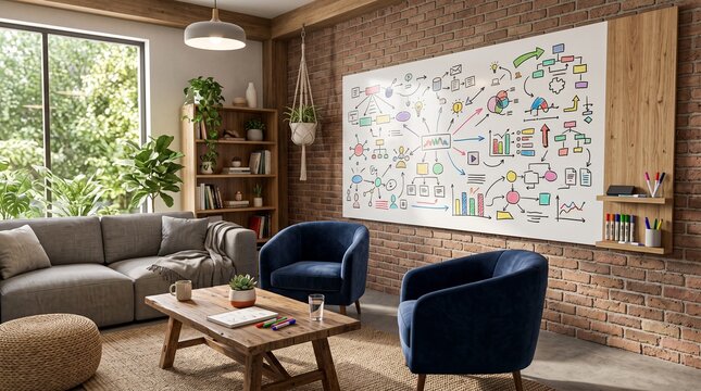 Organized Ideas on a Whiteboard: A modern and inviting living room space features a large whiteboard covered with colorful diagrams, charts, and creative ideas.