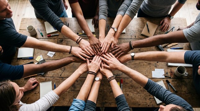Hands United in Collaboration: A diverse group of people joins hands in a circle, symbolizing unity, teamwork, and shared purpose. This image evokes a strong sense of connection and collective effort.