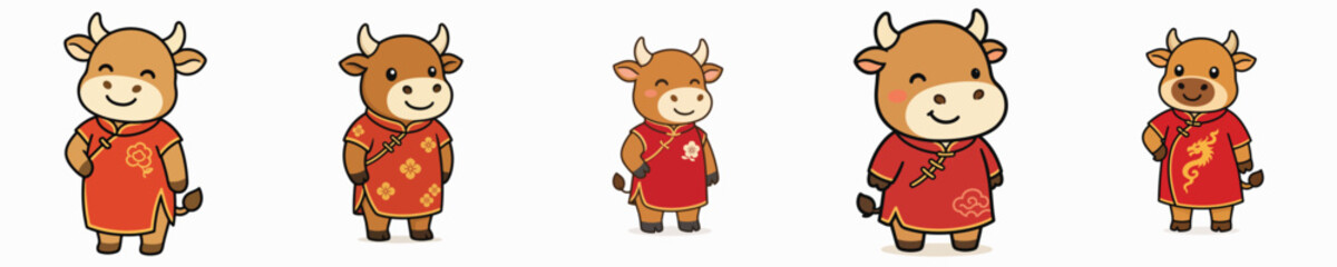 Fototapeta premium A set of cute bull vectors standing and wearing a traditional Chinese cheongsam.
