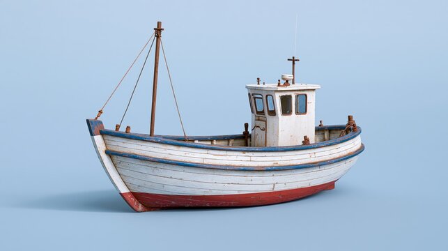 Old weathered wooden fishing boat with white, blue and red paint isolated against a minimal light blue background, horizontal maritime concept with copy space