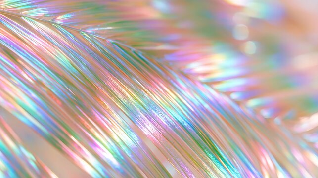 Macro view of shimmering iridescent palm leaves with rainbow pastel reflections and soft bokeh, horizontal abstract tropical background with copy space