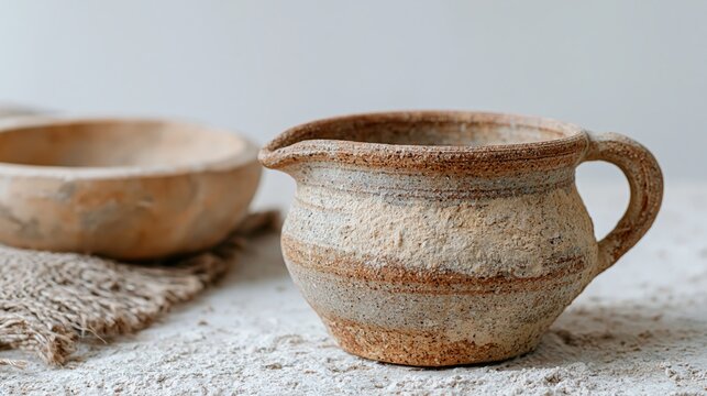 Rustic handmade ceramic pitcher with earthy beige and brown glaze on a textured surface, horizontal close-up still life highlighting artisanal pottery and natural materials