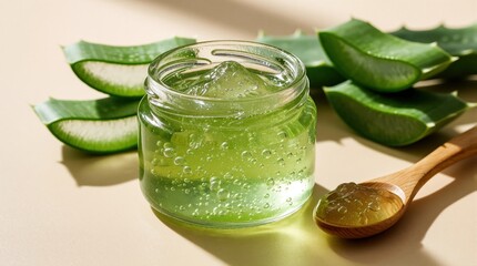 Fototapeta premium Fresh aloe vera gel in glass jar with wooden spoon. Sliced green succulent leaves lie on beige background. Natural organic cosmetic product for skin care, wellness, herbal beauty treatment in spa