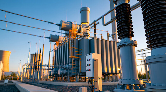 Large three-phase industrial power transformer installed at an energy distribution facility, electrical grid, high voltage equipment, power transmission, energy infrastructure,