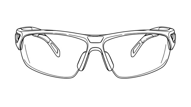 Black outline vector icon of protective sports safety glasses with wide clear lenses, curved nose pads and wraparound temples drawn with thin lines in frontal composition ensuring eye coverage