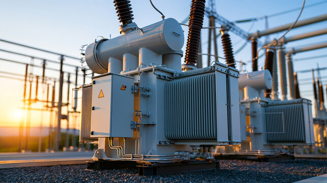 Large three-phase industrial power transformer installed at an energy distribution facility, electrical grid, high voltage equipment, power transmission, energy infrastructure,