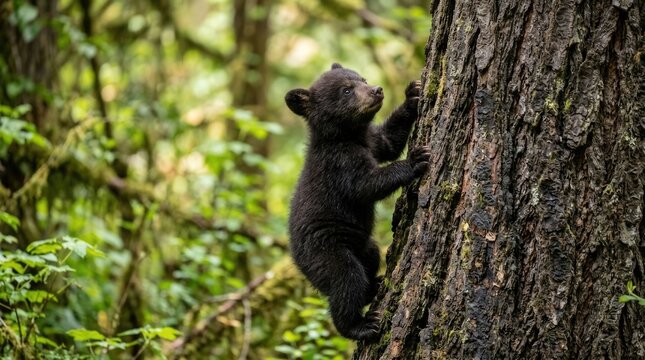 Young Black Bear Cub Climbing Tree in Lush Green Forest