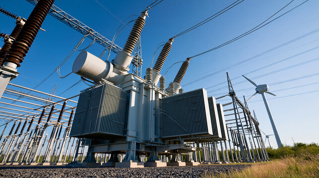 Large three-phase industrial power transformer installed at an energy distribution facility, electrical grid, high voltage equipment, power transmission, energy infrastructure,