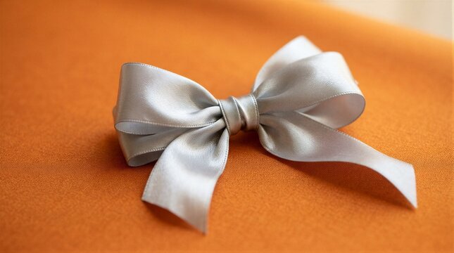 Silver ribbon bow resting on orange fabric surface