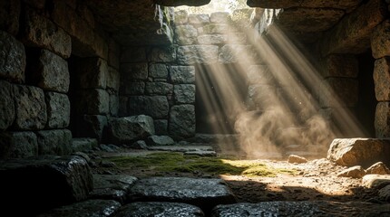 Fototapeta premium Sunlight rays beam through opening in ancient stone dungeon. Dusty light illuminates dark cave chamber with mossy floor, rocky walls. Old medieval ruin interior mysterious atmosphere. Hidden