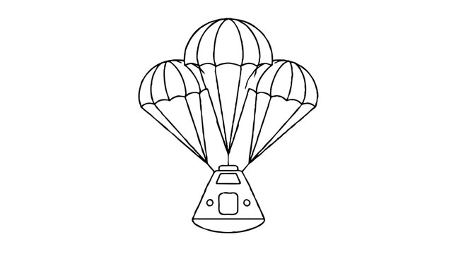 Cone shaped space capsule floating down under three segmented parachute canopies, with a square hatch, two small portholes and a curved heat shield at the base, a space return outline vector icon