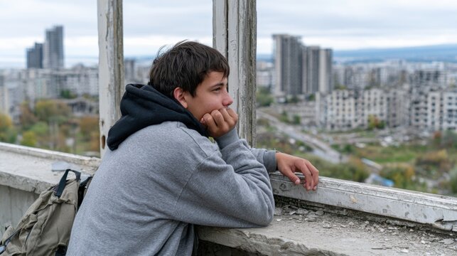 Young man in gray hoodie leaning on a weathered window ledge and looking across a dense urban landscape from an unfinished building interior