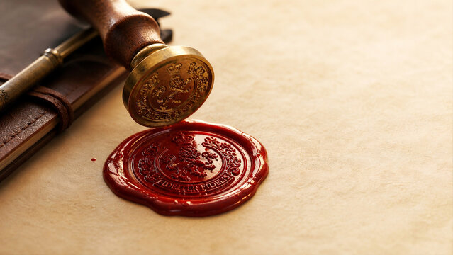  Wax Seal Stamp Pressed into Red Wax, Holiday Correspondence Detail with Copy Space