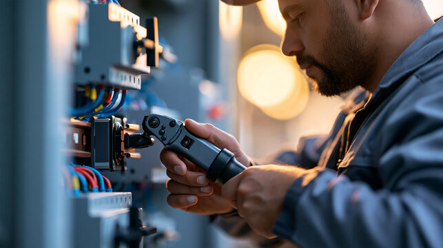 Industrial electrician using a torque wrench to secure copper busbar connections inside a power facility, high voltage electrical systems, energy infrastructure, electrical