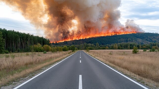 Wildfire burning across a forested mountain ridge beyond an empty paved road, with flames, dense smoke, dry grassland, and dramatic sky in a rural landscape