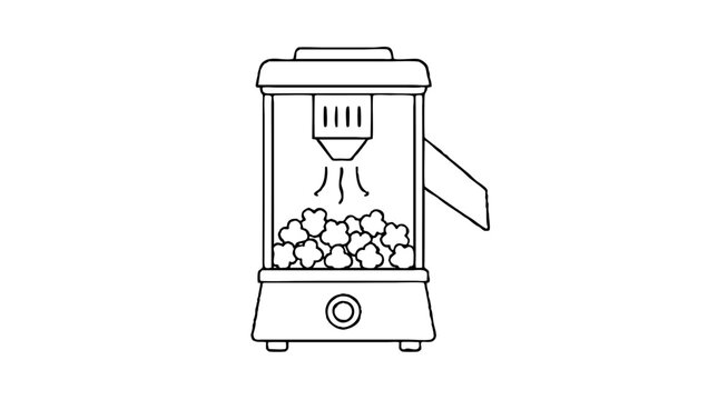 Countertop popcorn popper with a clear chamber of popped kernels, a vented hot air nozzle, side chute and round dial on the base, rendered as a monoline vector icon for cinema snacks and movie nights