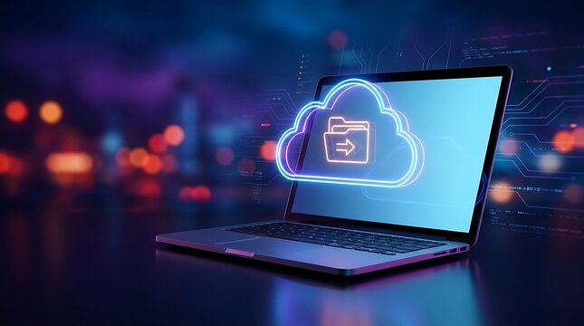 Laptop displaying a glowing cloud data network with a blurred city background