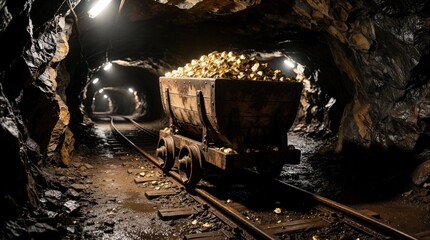 Fototapeta premium Wooden mine cart filled with shiny gold nuggets on rails inside dark underground tunnel. Precious metal ore sits in old trolley within deep rock cave. Industrial mining extraction process shows