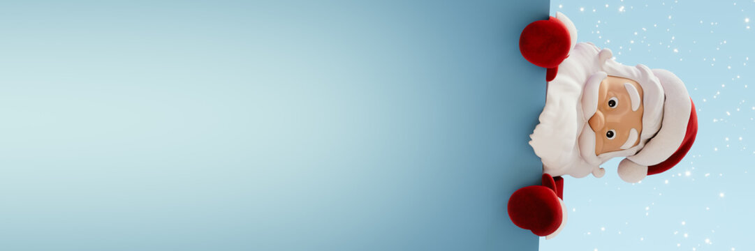 Christmas banner design with copy space. Santa Claus holding empty paper on blue background. 3D Rendering, 3D Illustration