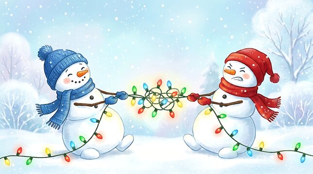 Playful snowmen having a snowball fight in a winter wonderland scene