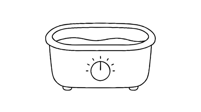 Oval warming basin of melted wax on short feet, with a wide rim, a wavy liquid surface and a front dial knob ringed by tick marks, drawn as a line style vector icon for spa hand care and therapy