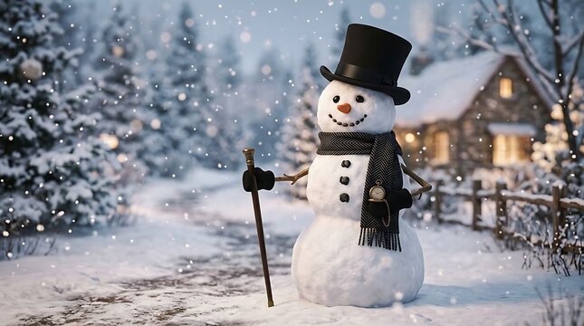 Charming winter scene featuring a snowman with a top hat near a cozy house