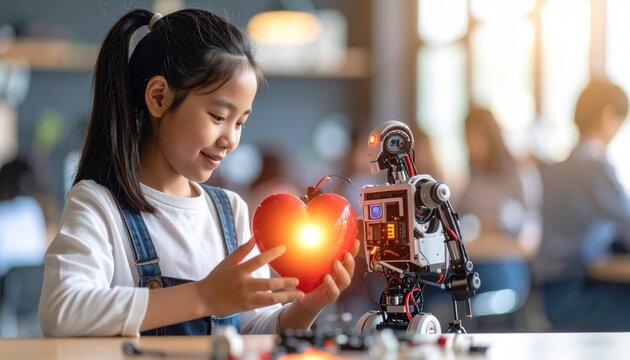 Artificial intelligence and human empathy young girl holding a glowing heart with a small robot in a stem education classroom for future technology