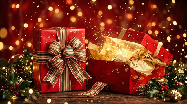 Festive red gift box with golden ribbon and sparkling bokeh lights background