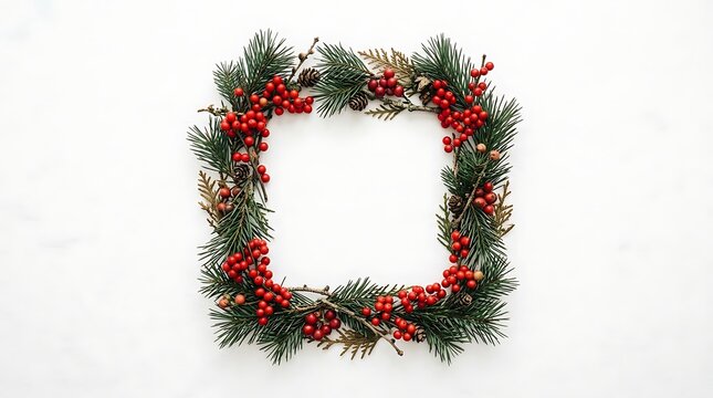 Festive christmas frame created from evergreen branches and bright red berries