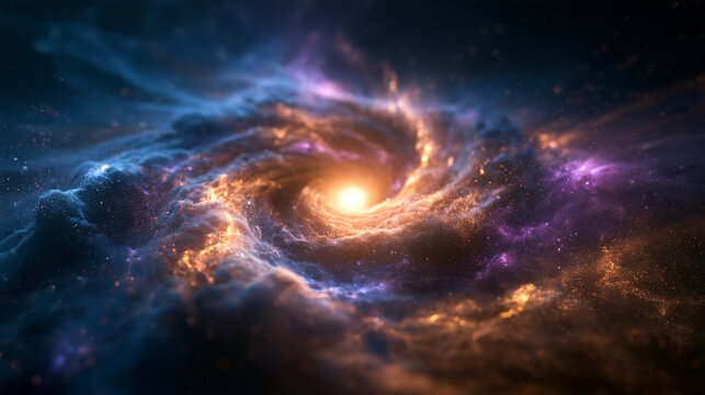Spiral Galaxy with Glowing Core in Deep Cosmic Space