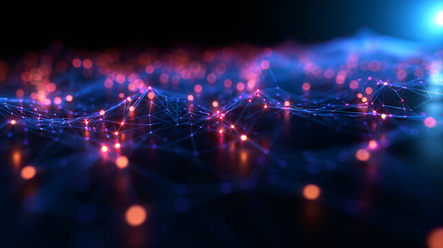 Digital Network Mesh with Glowing Nodes and Data Flow