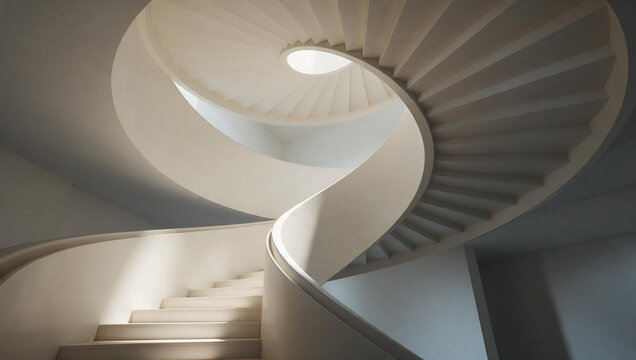 Modern White Spiral Staircase Ascending Towards Light