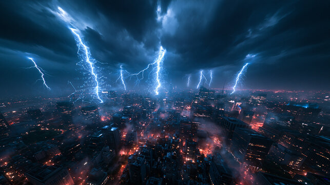 Severe Lightning Storm Striking Modern City at Night